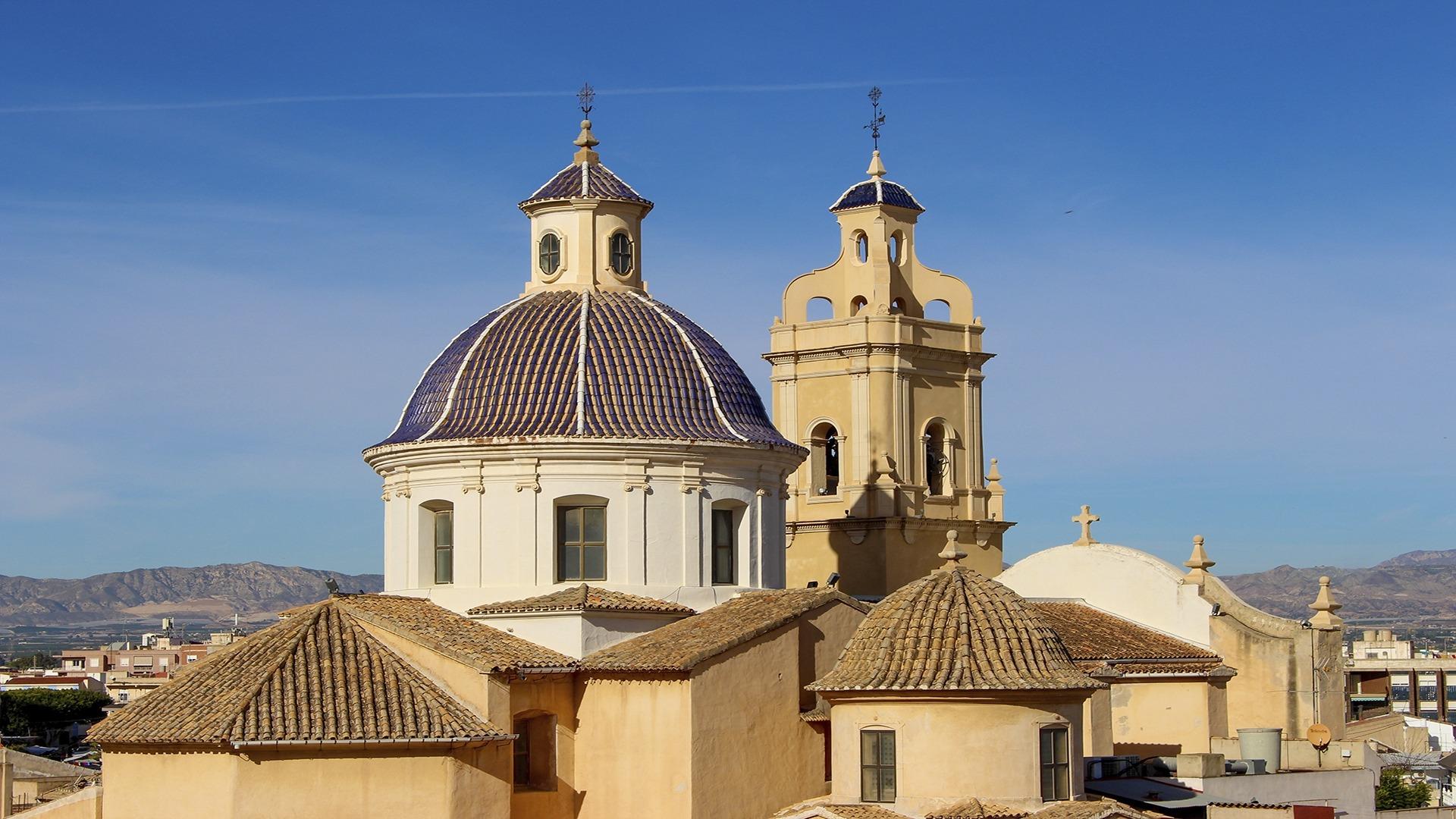 Panoramic view of historic church domes and rooftops from a new build 2 bedroom townhouse in Cox, Alicante.