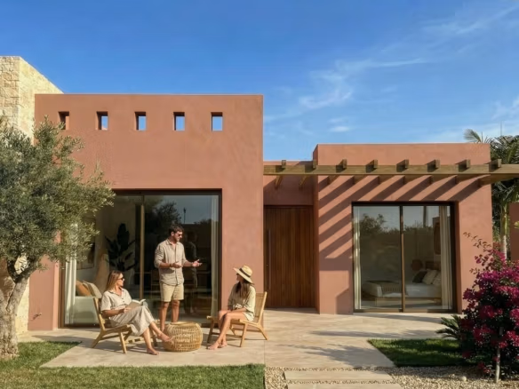 Imagen de villa de obra nueva en tonos terracota con 2 dormitorios y piscina privada en venta en el alba mediterranean resort, torre pacheco, murcia con diseño moderno, terraza y piscina privada