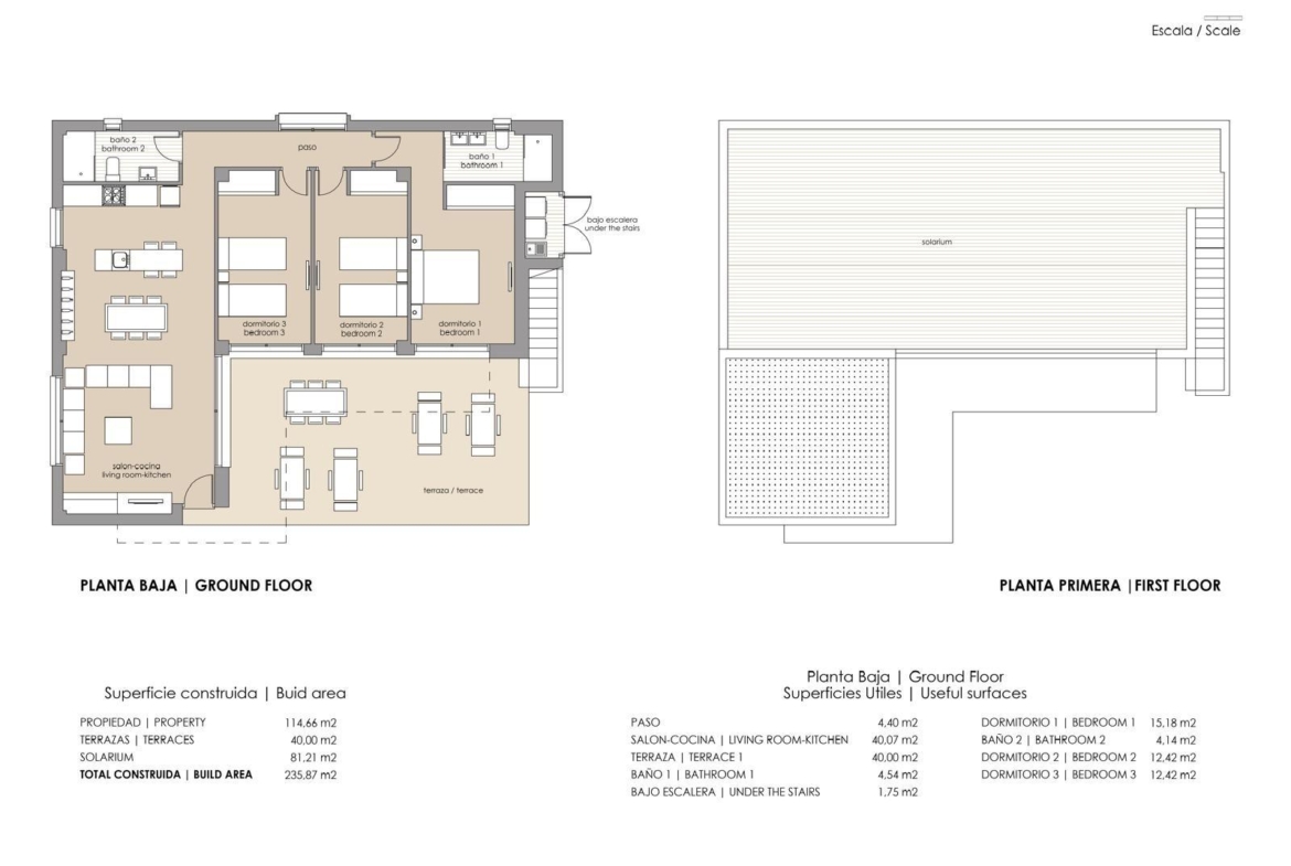 Spacious floor plan of elegant single-level 3-bedroom villa with terrace and solarium in Vistabella Golf, Orihuela.