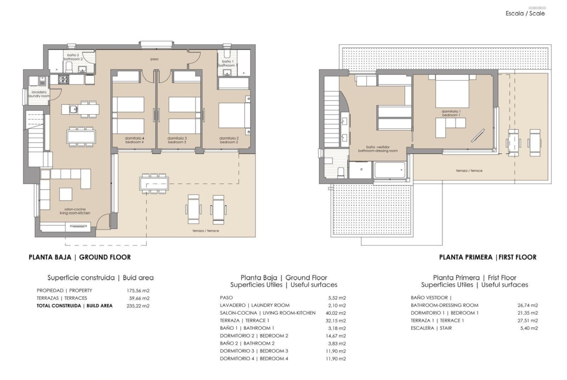 Modern, spacious two-level floor plan of luxury 4-bedroom family villa with terraces in Vistabella Golf, Orihuela.