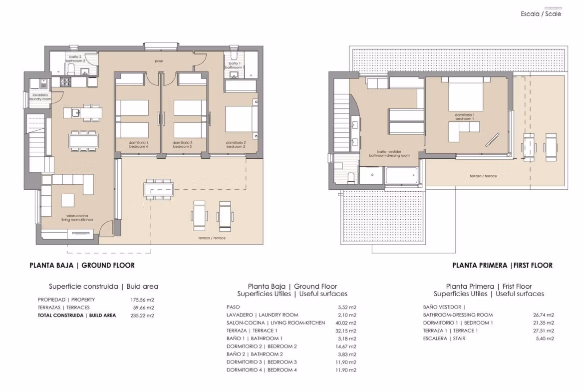 Modern, spacious two-level floor plan of luxury 4-bedroom family villa with terraces in Vistabella Golf, Orihuela.