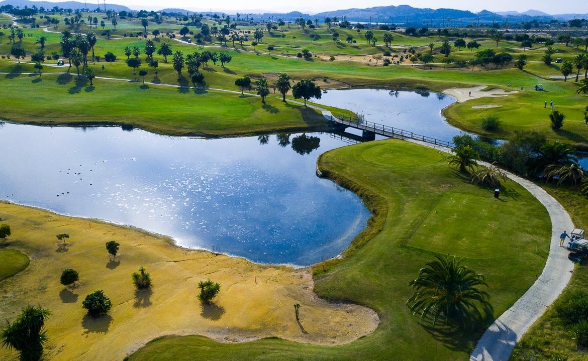 Panoramic sun-drenched golf course and sparkling water feature at Vistabella Golf, Orihuela, near luxury villa development.