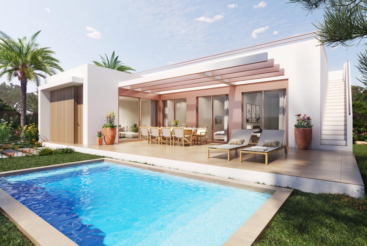 Sun-drenched modern 3-bedroom villa in Vistabella Golf with private pool, spacious terrace, and lush landscaped garden