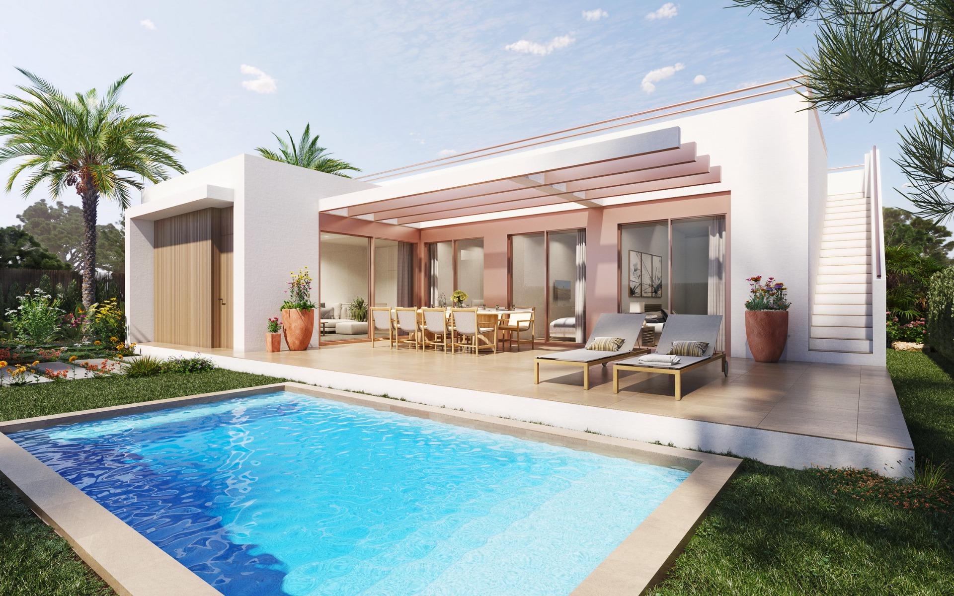 New Build Villas at Vistabella Golf Resort – Orihuela Sun-drenched modern 3-bedroom villa in Vistabella Golf with private pool, spacious terrace, and lush landscaped garden