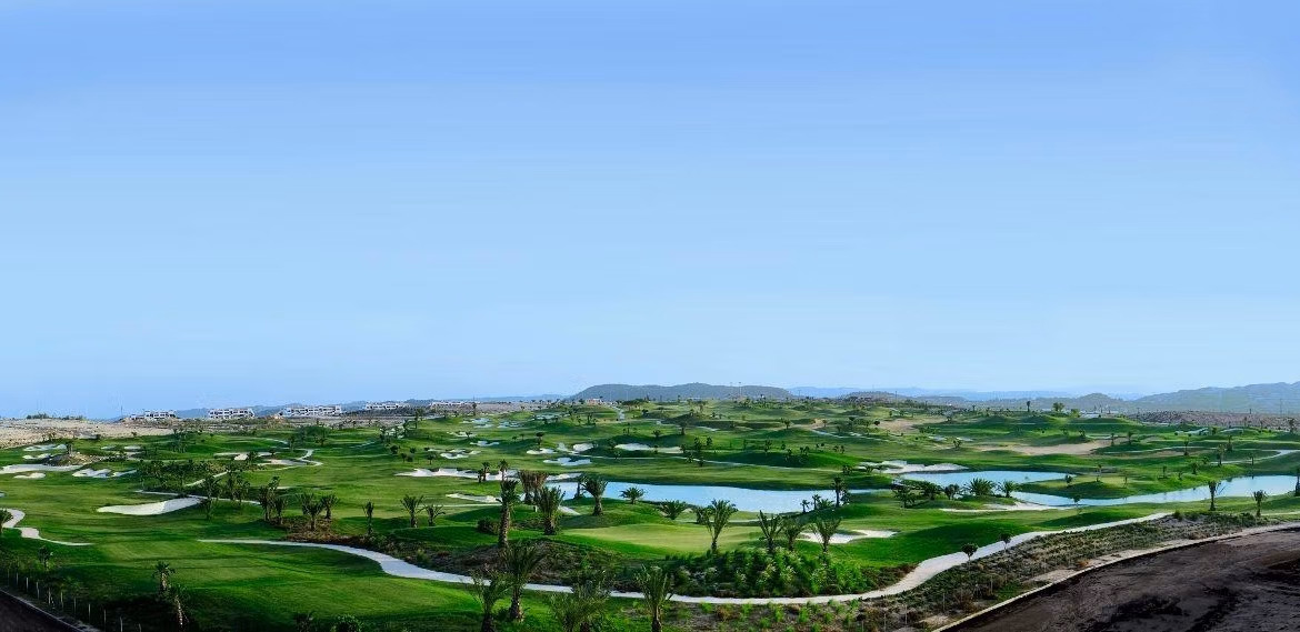 Panoramic sun-drenched view of the lush Vistabella Golf course near the spacious new build 4 bedroom family villa in Orihuela.