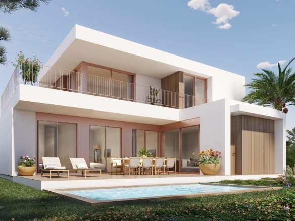 Modern spacious 4-bedroom villa in Vistabella Golf with private pool, sun-drenched terrace, and sleek minimalist exterior.