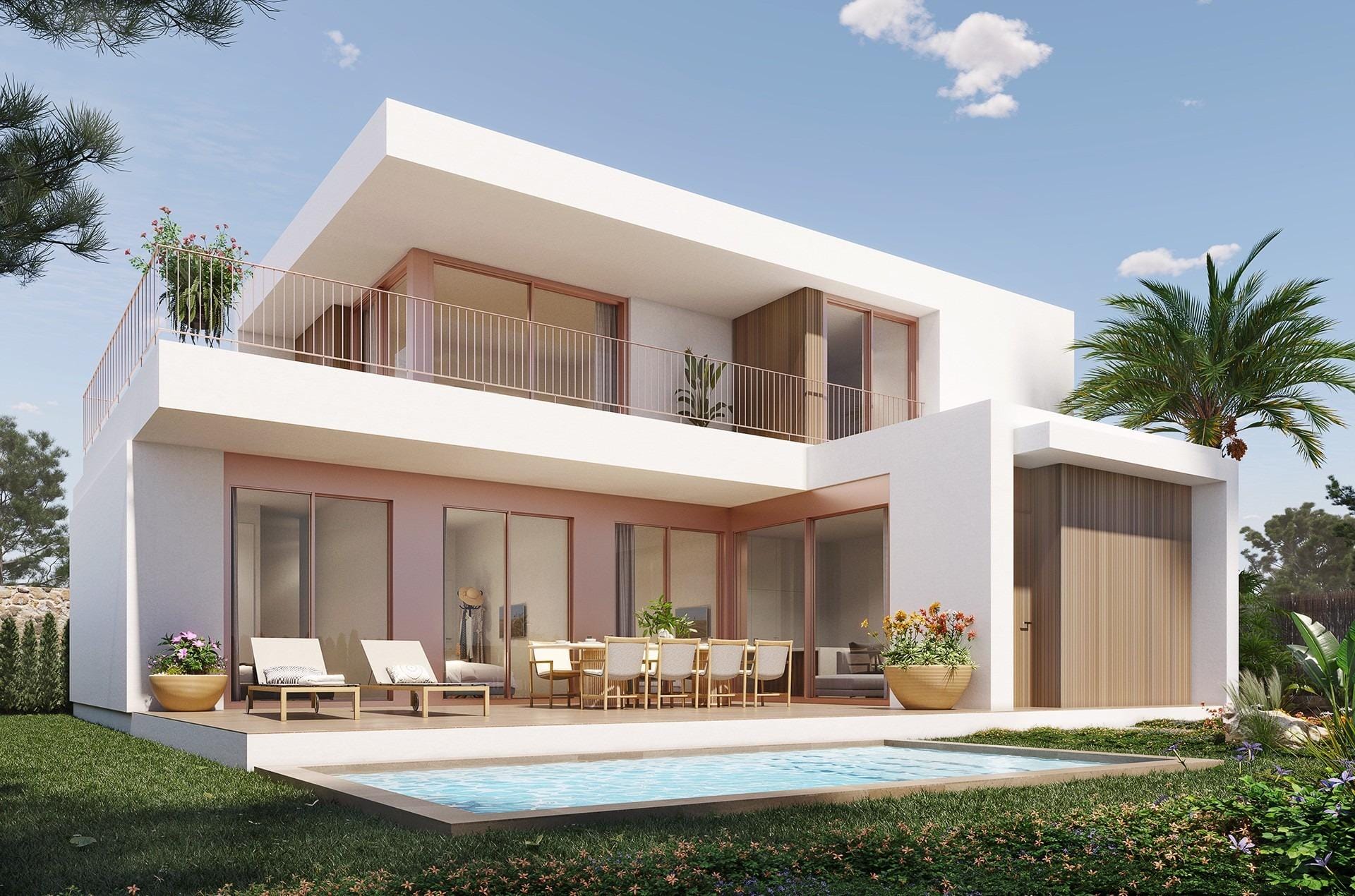 Новостройка Виллаs at Vistabella Golf Resort – Orihuela Modern spacious 4-bedroom villa in Vistabella Golf with частным бассейном, sun-drenched terrace, and sleek minimalist exterior.