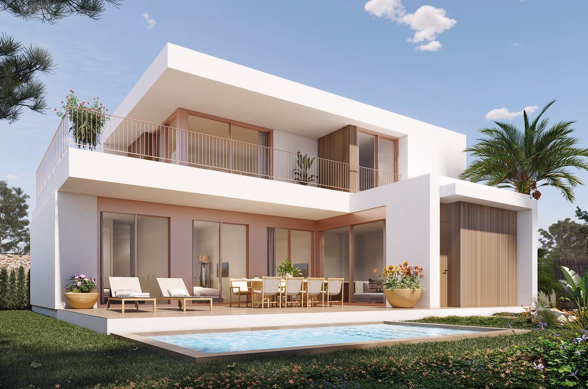 Modern spacious 4-bedroom villa in Vistabella Golf with частным бассейном, sun-drenched terrace, and sleek minimalist exterior.