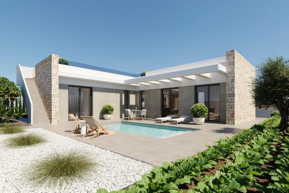 Elegant single-storey new build villa with private pool, sun terrace, and landscaped garden in Hacienda del Álamo Golf Resort, Murcia