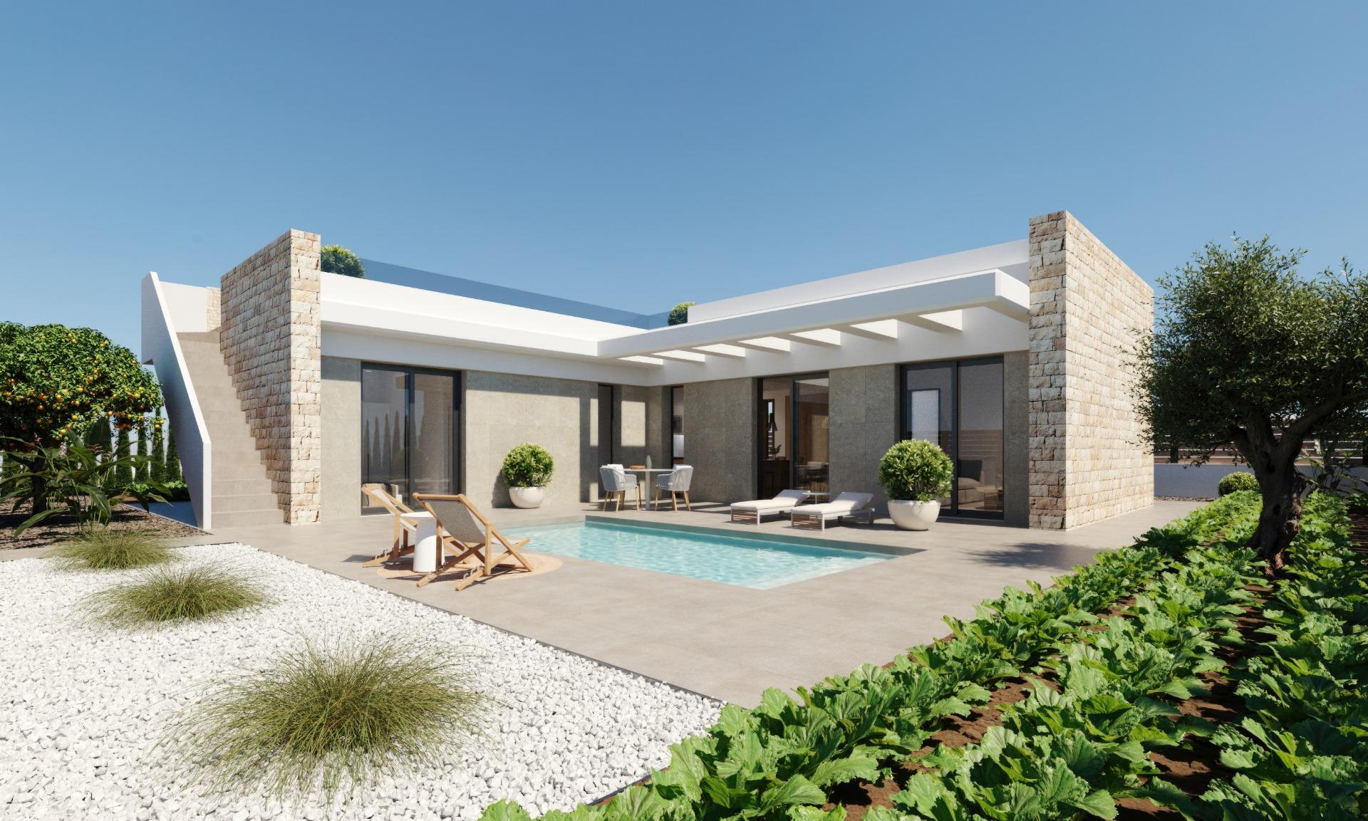 Elegant single-storey new build villa with private pool, sun terrace, and landscaped garden in Hacienda del Álamo Golf Resort, Murcia