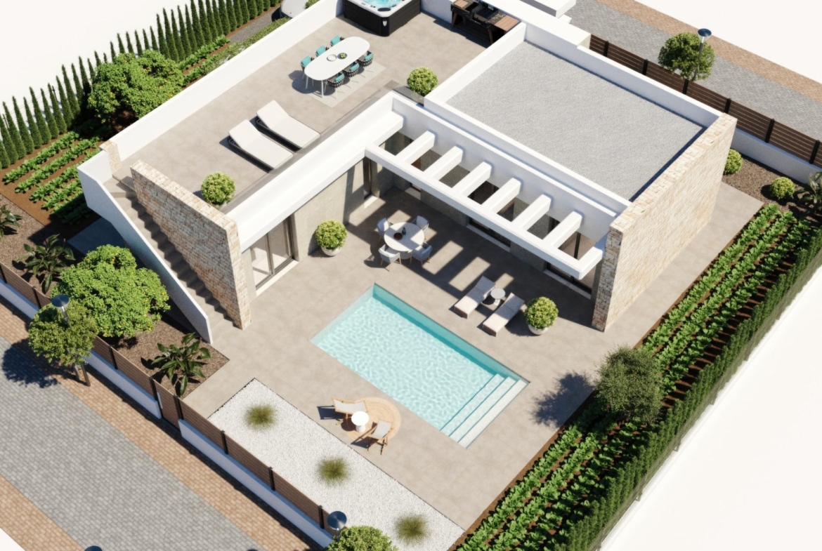 Sun-drenched terrace with private pool, jacuzzi, and landscaped garden of a modern single-storey villa in Hacienda del Álamo Murcia