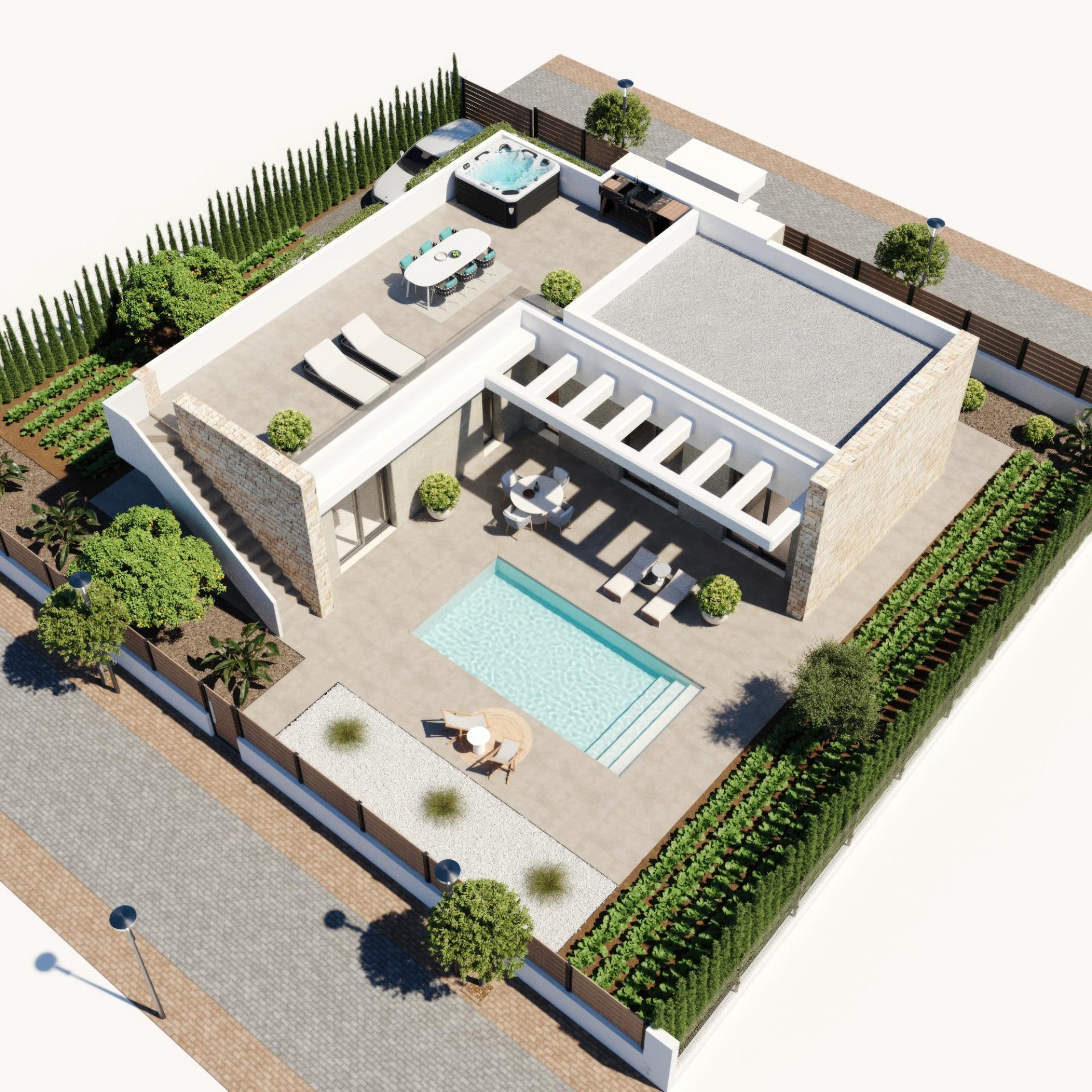 Sun-drenched terrace with private pool, jacuzzi, and landscaped garden of a modern single-storey villa in Hacienda del Álamo Murcia