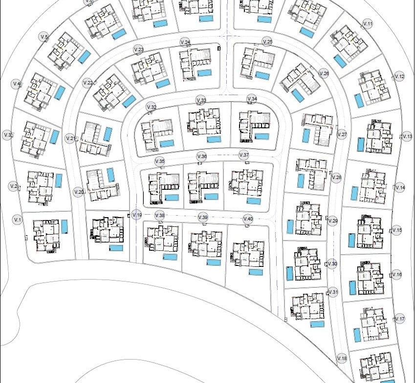 Detailed architectural site plan showcasing spacious single-storey new build villas with private pools in Hacienda del Álamo Golf Resort, Murcia