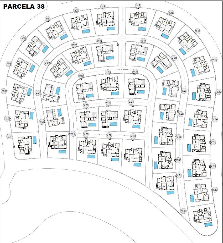 Detailed architectural site plan showcasing spacious single-storey new build villas with private pools in Hacienda del Álamo Golf Resort, Murcia