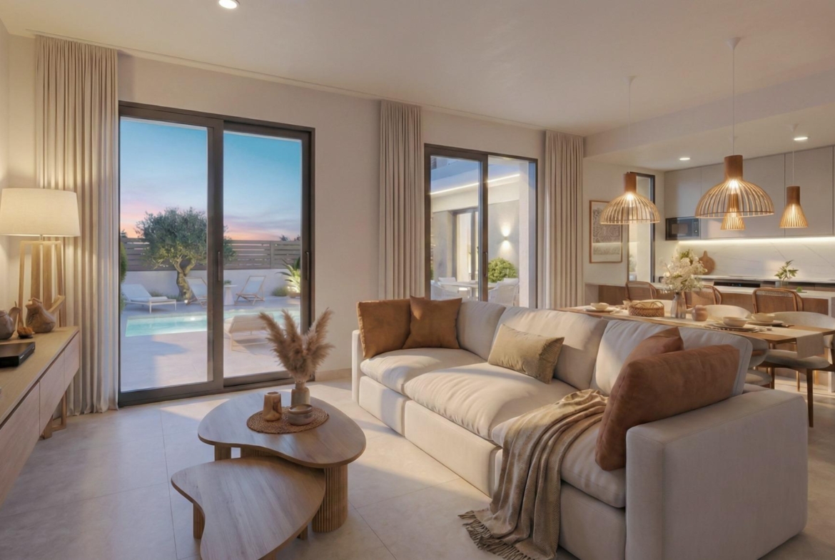 Elegant open-plan living room with soft lighting, stylish kitchen, and pool terrace in luxury single-storey villa, Hacienda del Álamo Murcia.