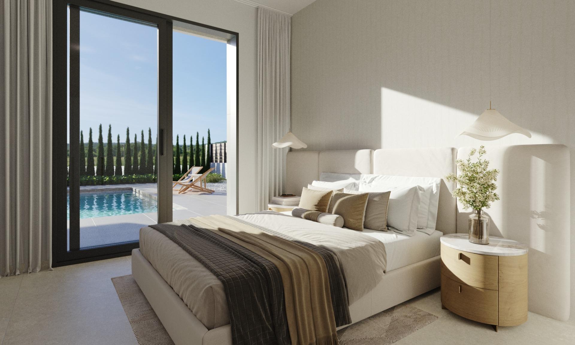 Bright and elegant bedroom with soft neutral tones and pool view in a single-storey new build villa at Hacienda del Álamo Golf Resort Murcia