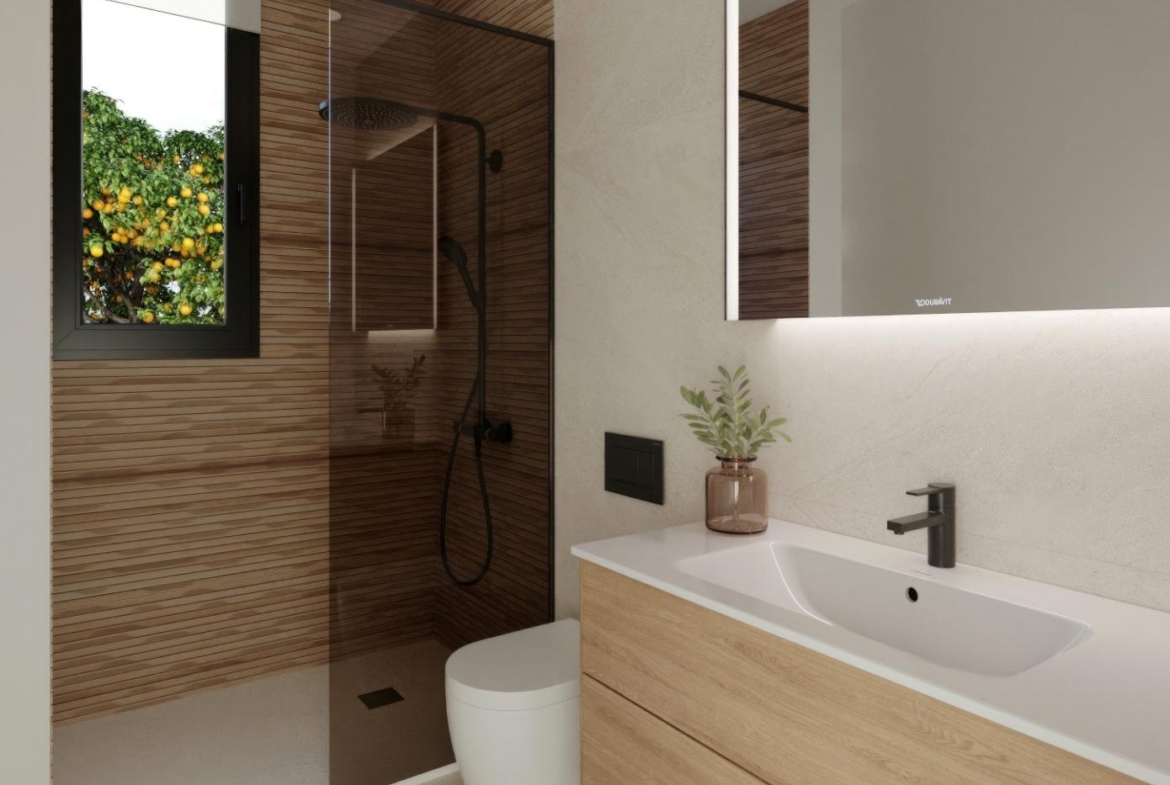 Modern bathroom with sleek black fixtures, wood-panelled shower, and backlit mirror in single-storey villa, Hacienda del Álamo Golf Resort Murcia