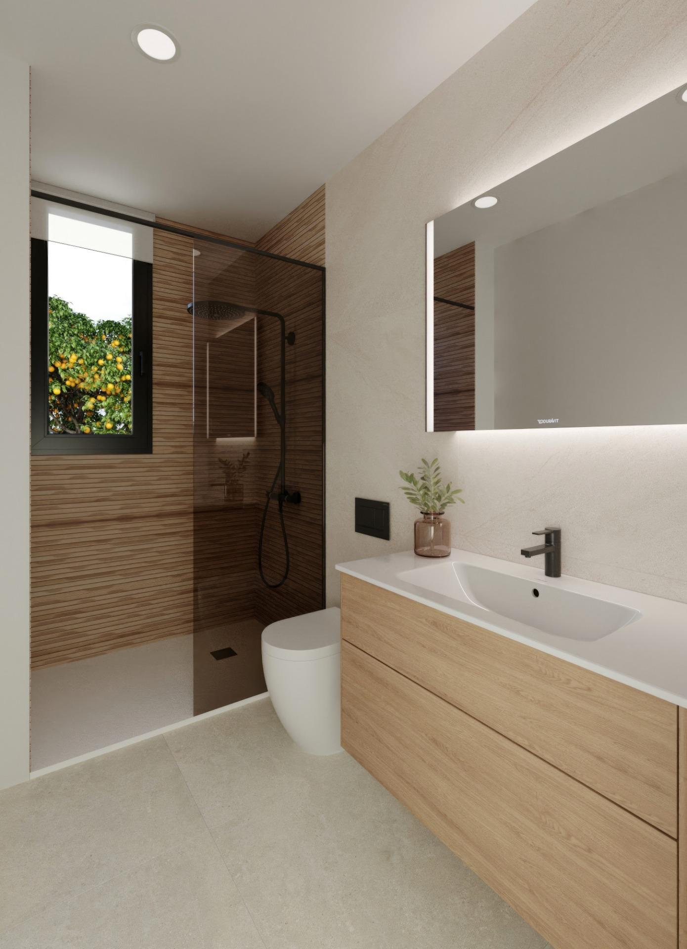 Modern bathroom with sleek black fixtures, wood-panelled shower, and backlit mirror in single-storey villa, Hacienda del Álamo Golf Resort Murcia