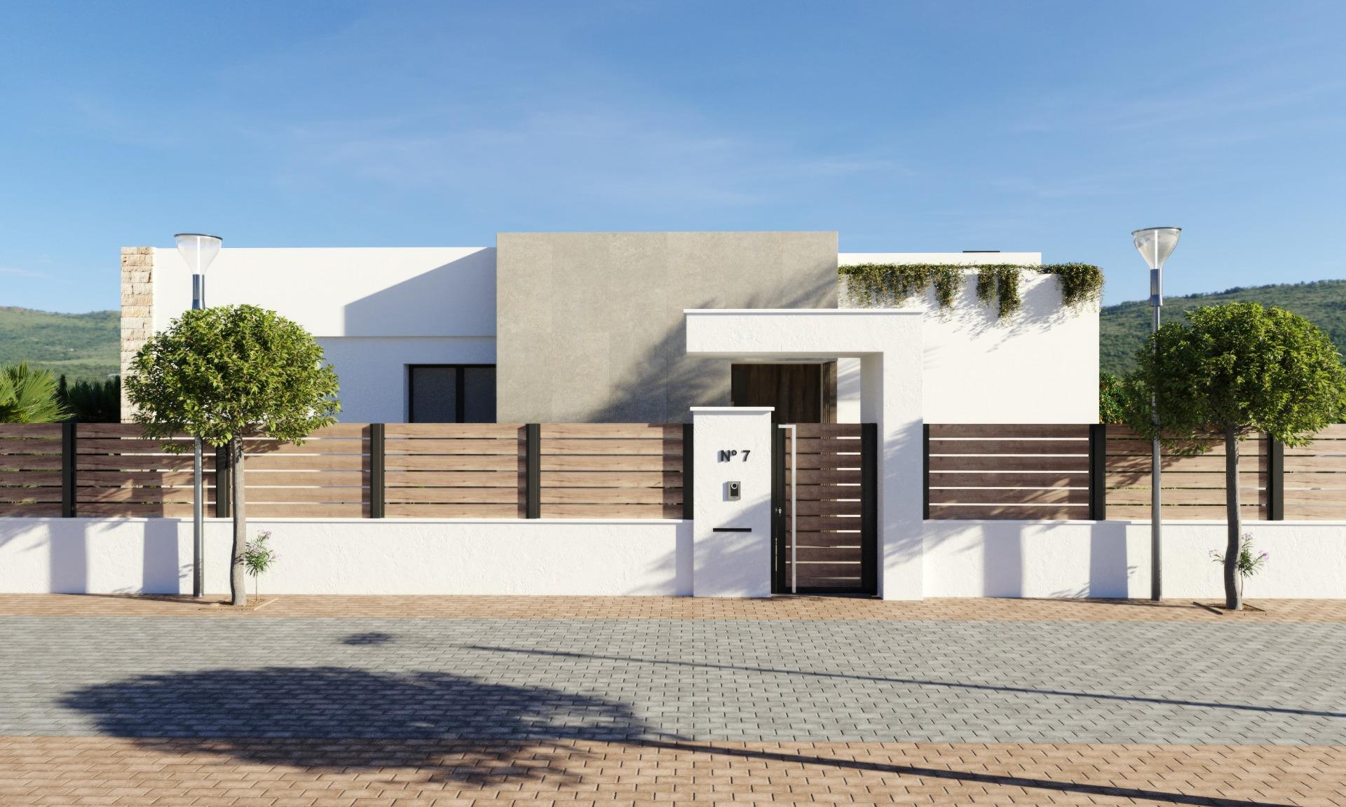 Modern single-storey villa exterior with elegant wooden fence and greenery in Hacienda del Álamo Golf Resort, Murcia