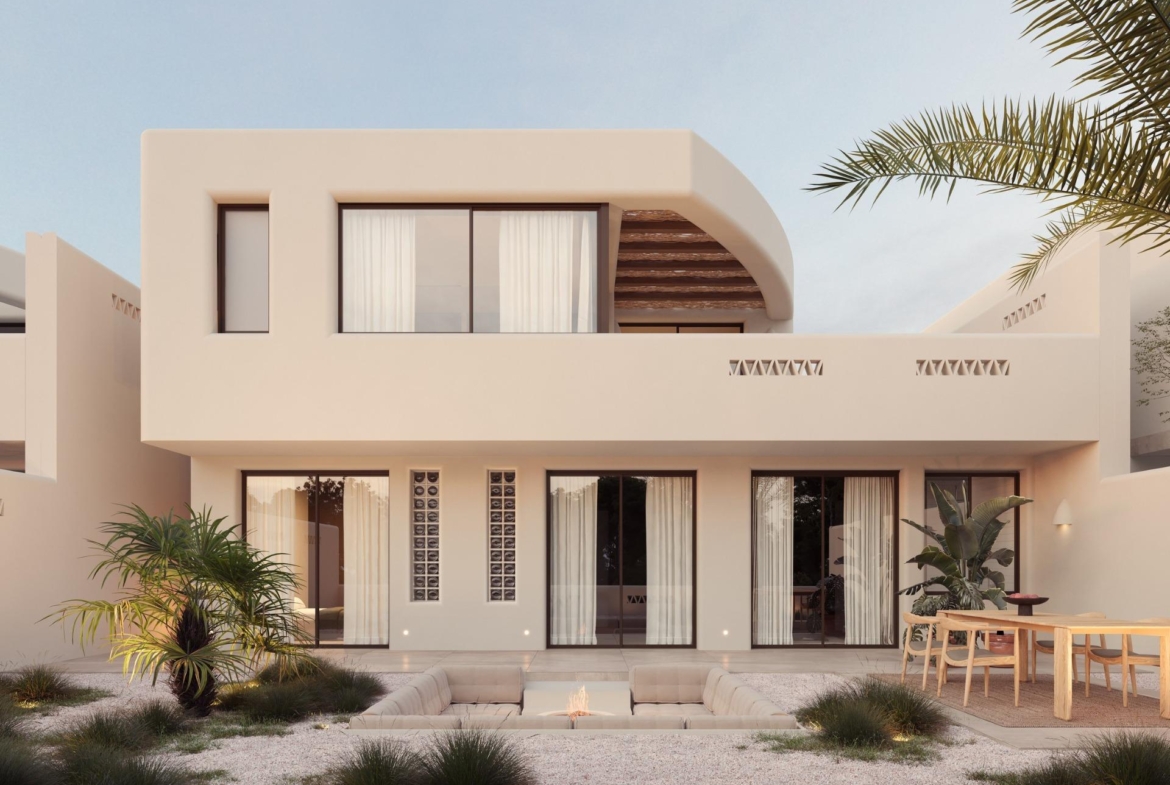 Modern sun-drenched Ibiza style villa exterior with spacious terrace and landscaped garden on La Finca Golf, Algorfa, Costa Blanca.