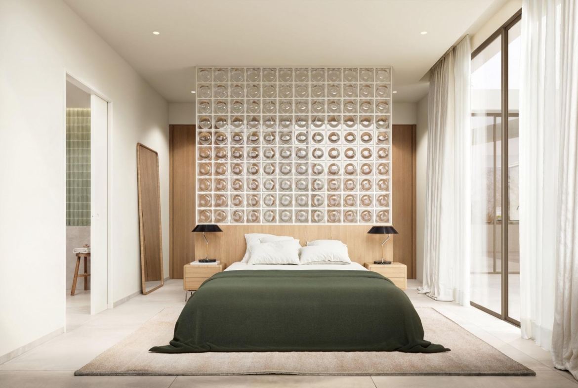 Bright and spacious master bedroom with modern design and floor-to-ceiling windows in exclusive Ibiza style villa, Algorfa, Costa Blanca.