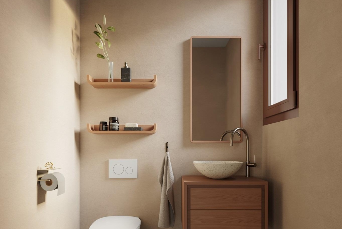 Bright, elegant bathroom with modern fixtures and natural light in exclusive 4-bedroom Ibiza style villa on La Finca Golf, Algorfa.
