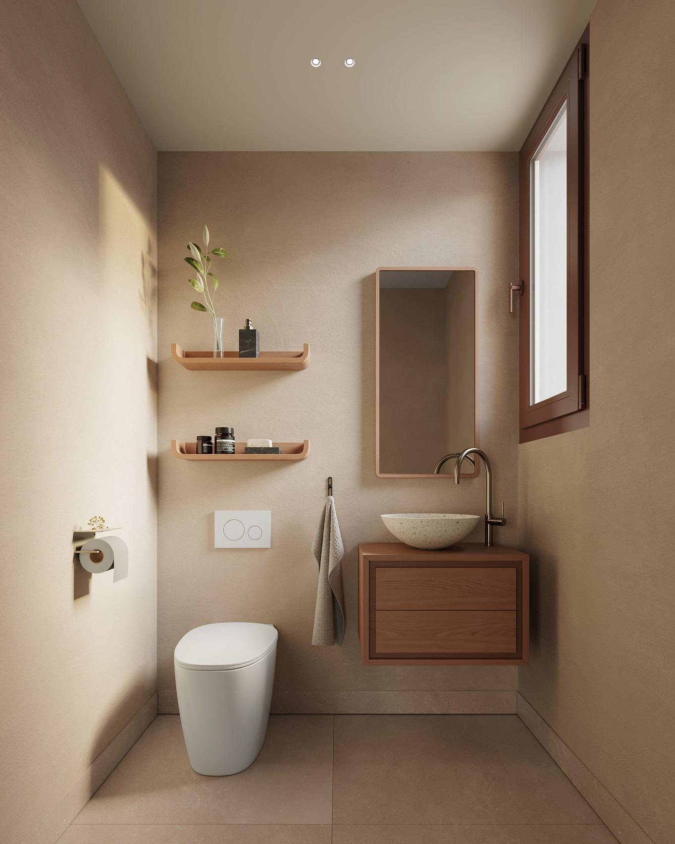 Bright, elegant bathroom with modern fixtures and natural light in exclusive 4-bedroom Ibiza style villa on La Finca Golf, Algorfa.