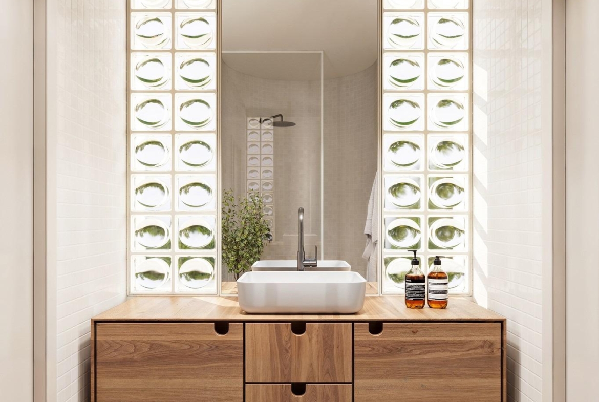 Bright modern bathroom with stylish wooden vanity and spa-like shower in exclusive Ibiza style villa, Algorfa Costa Blanca
