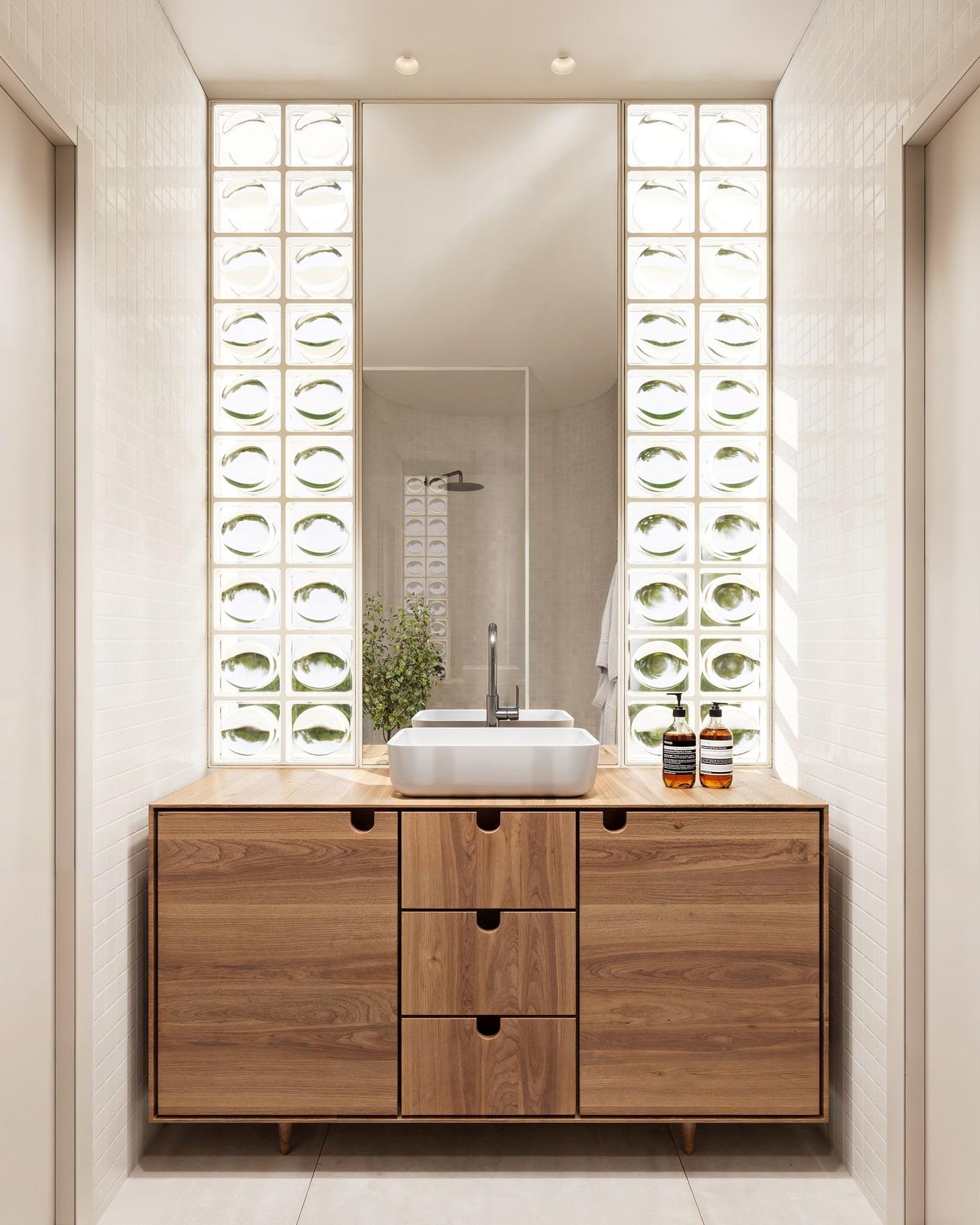 Bright modern bathroom with stylish wooden vanity and spa-like shower in exclusive Ibiza style villa, Algorfa Costa Blanca