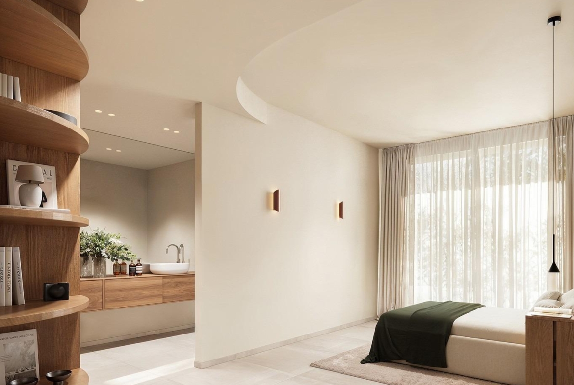 Bright, elegant bedroom with curved ceiling and natural wood accents in luxury Ibiza style villa on La Finca Golf, Algorfa.