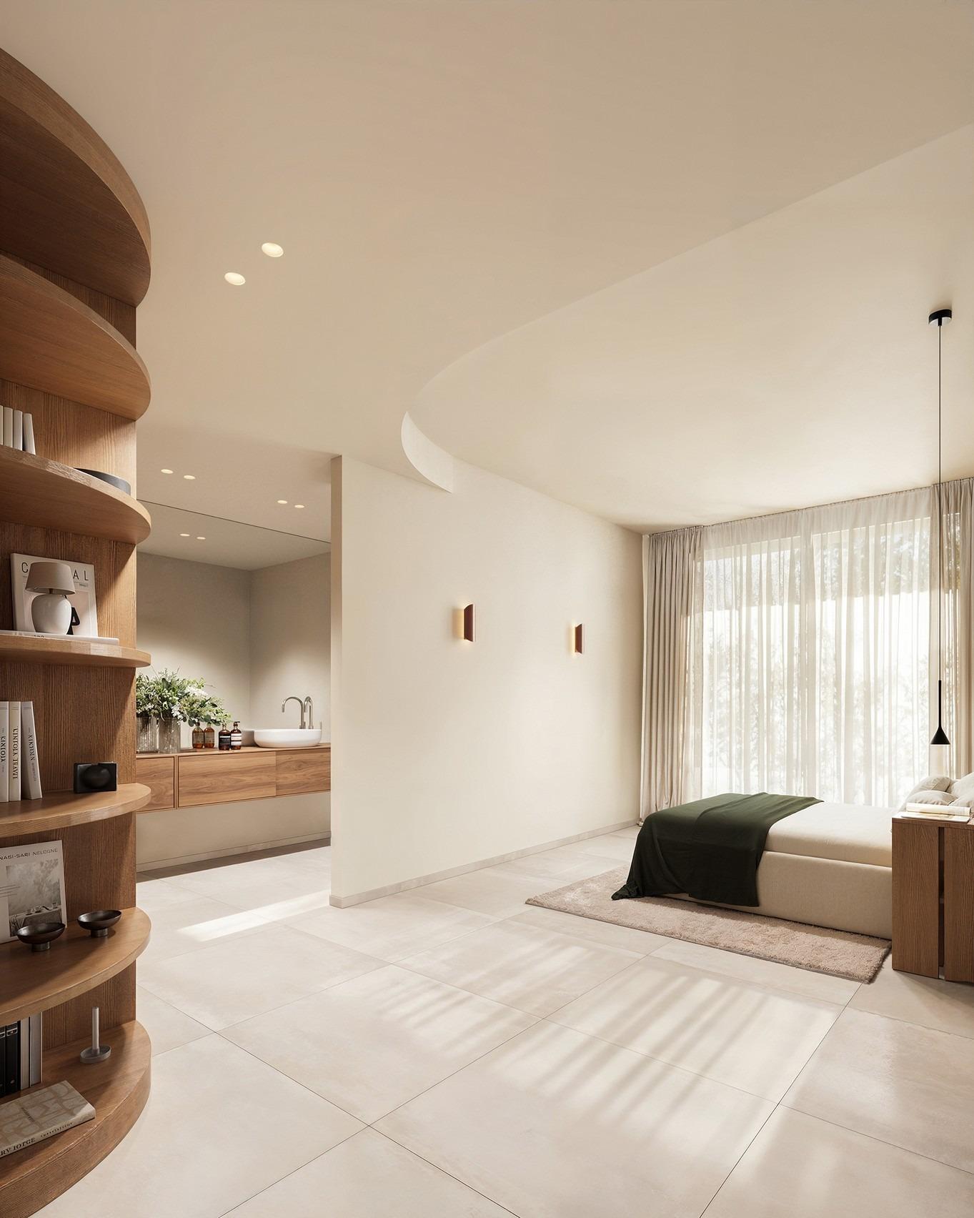 Bright, elegant bedroom with curved ceiling and natural wood accents in luxury Ibiza style villa on La Finca Golf, Algorfa.