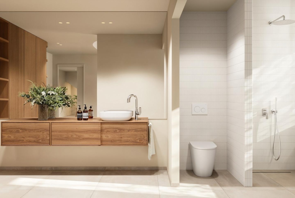 Bright modern bathroom with wooden cabinetry and sleek fixtures in exclusive 4-bedroom Ibiza style villa, Algorfa, Costa Blanca.