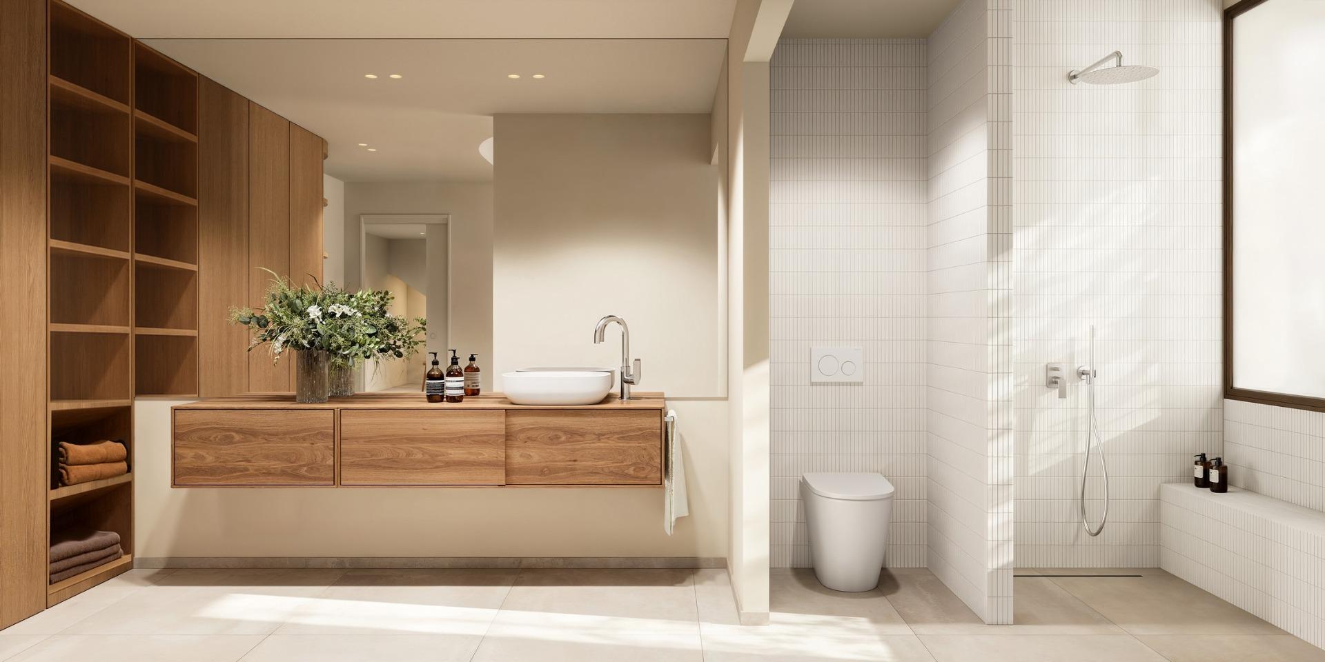 Bright modern bathroom with wooden cabinetry and sleek fixtures in exclusive 4-bedroom Ibiza style villa, Algorfa, Costa Blanca.