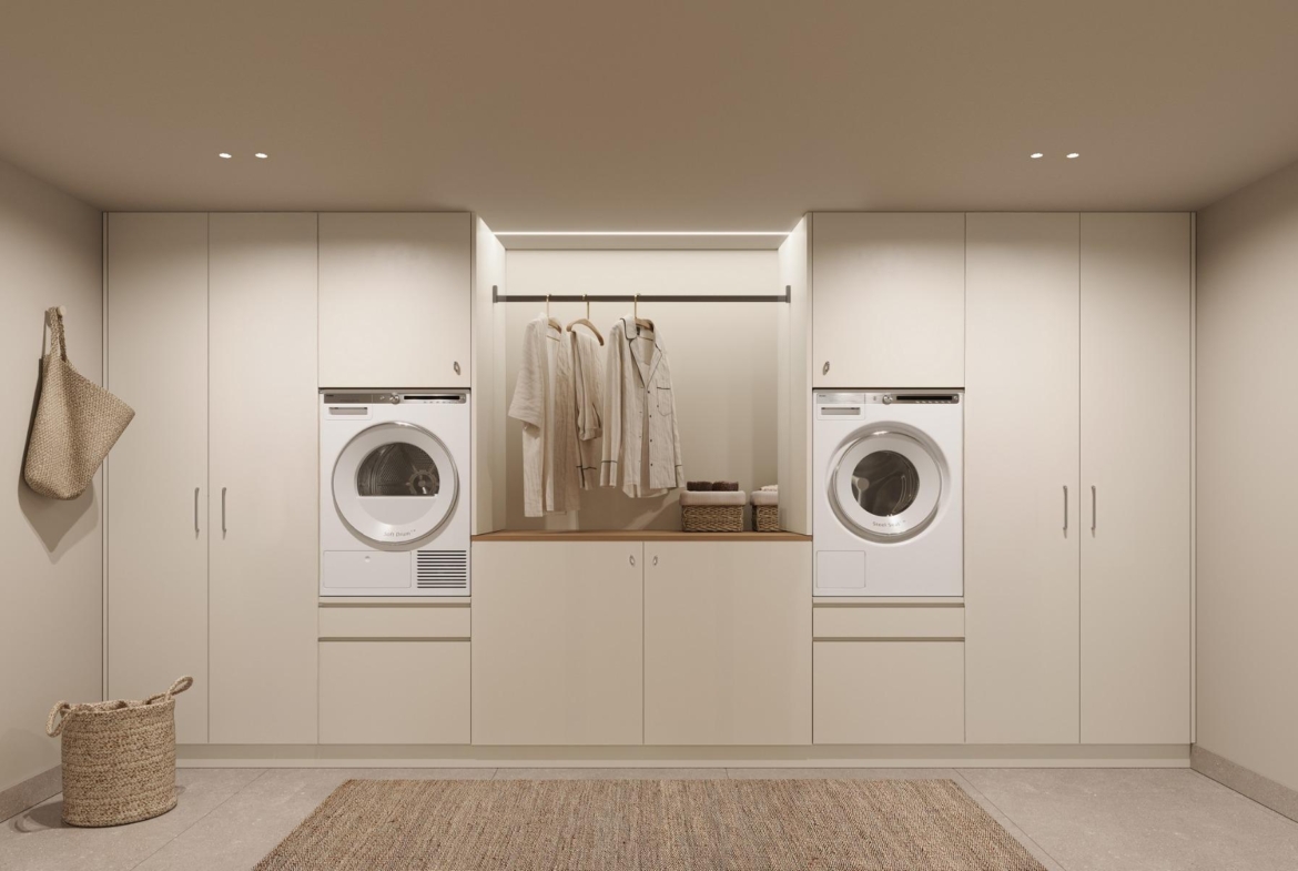 Minimalist bright laundry room with built-in washer and dryer in exclusive Ibiza style 4-bedroom villa in Algorfa, Costa Blanca