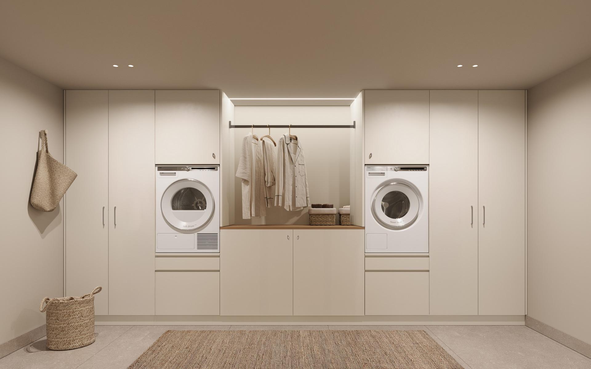 Minimalist bright laundry room with built-in washer and dryer in exclusive Ibiza style 4-bedroom villa in Algorfa, Costa Blanca