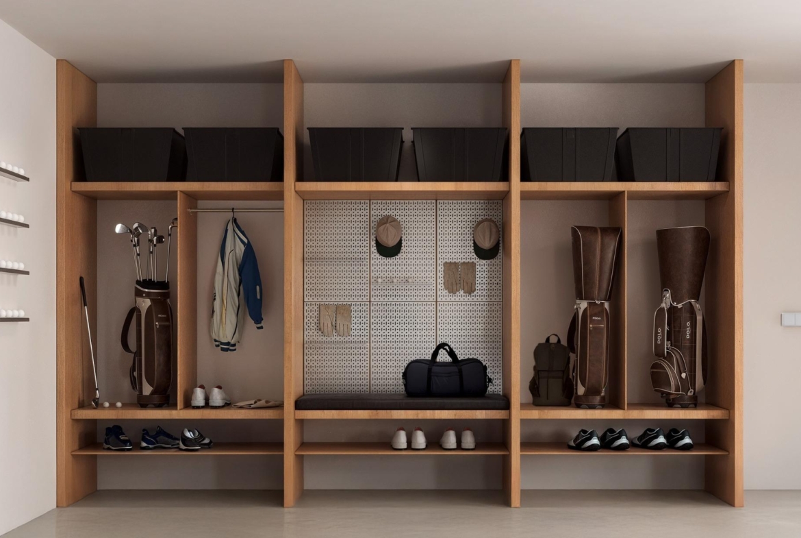 Spacious, organized walk-in storage with wood shelving in exclusive new build Ibiza style villa on La Finca Golf, Algorfa.