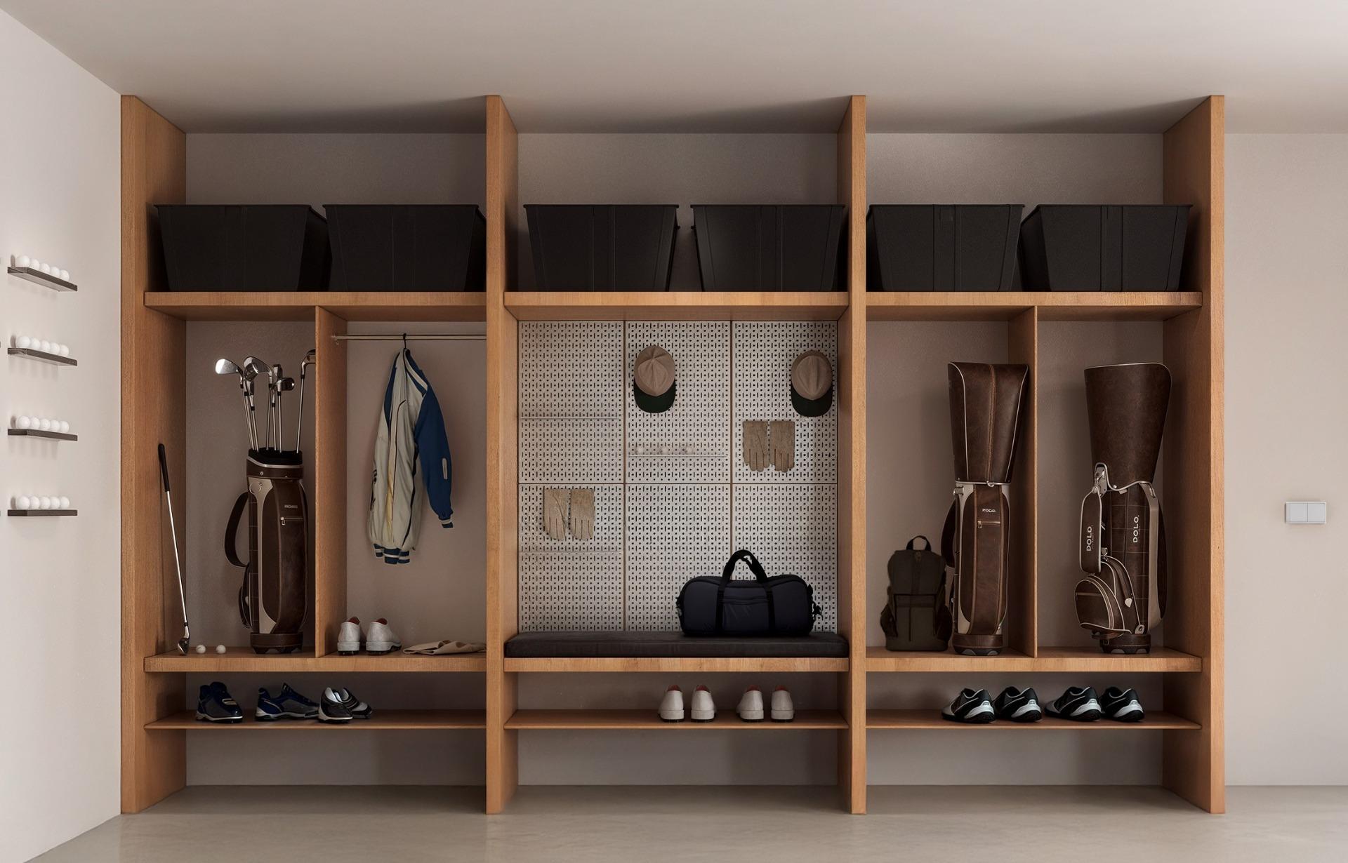 Spacious, organized walk-in storage with wood shelving in exclusive new build Ibiza style villa on La Finca Golf, Algorfa.