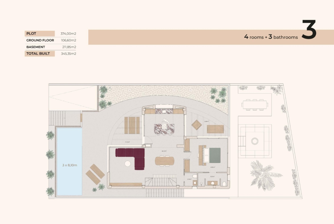 Spacious, elegant floor plan of Ibiza style 4-bedroom villa with private pool and outdoor dining on La Finca Golf, Algorfa.