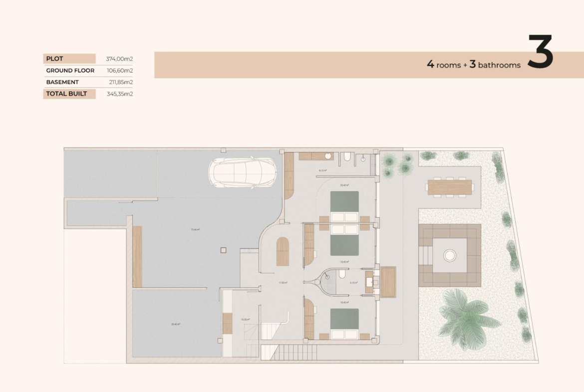 Detailed floor plan of spacious 4-bedroom Ibiza style villa with private terrace and garden on La Finca Golf, Algorfa, Costa Blanca