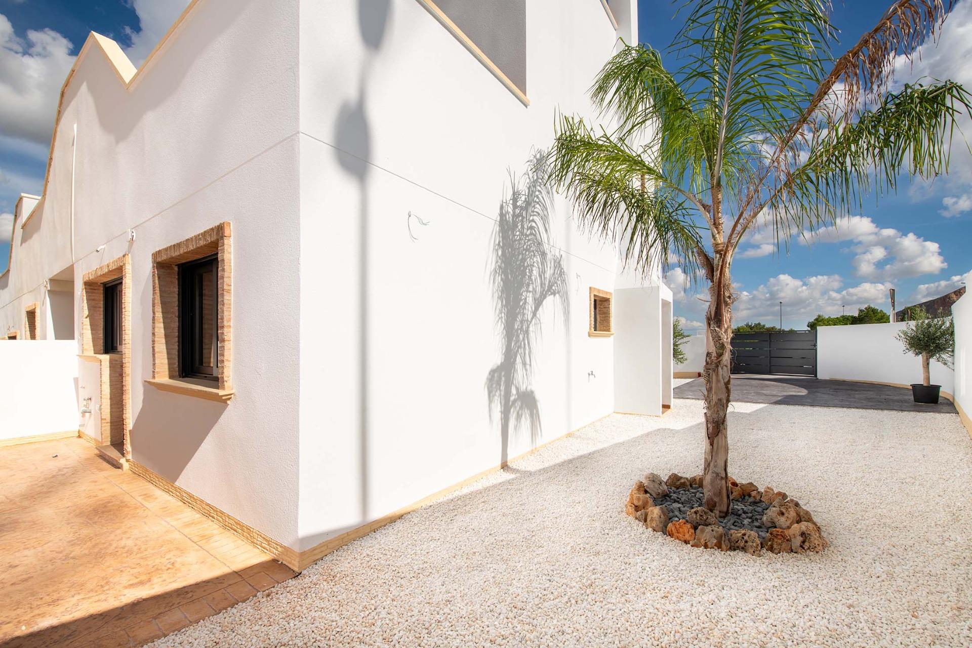 Bright and pristine 2-bedroom ground floor bungalow exterior with landscaped courtyard and palm tree in Cox, Alicante.