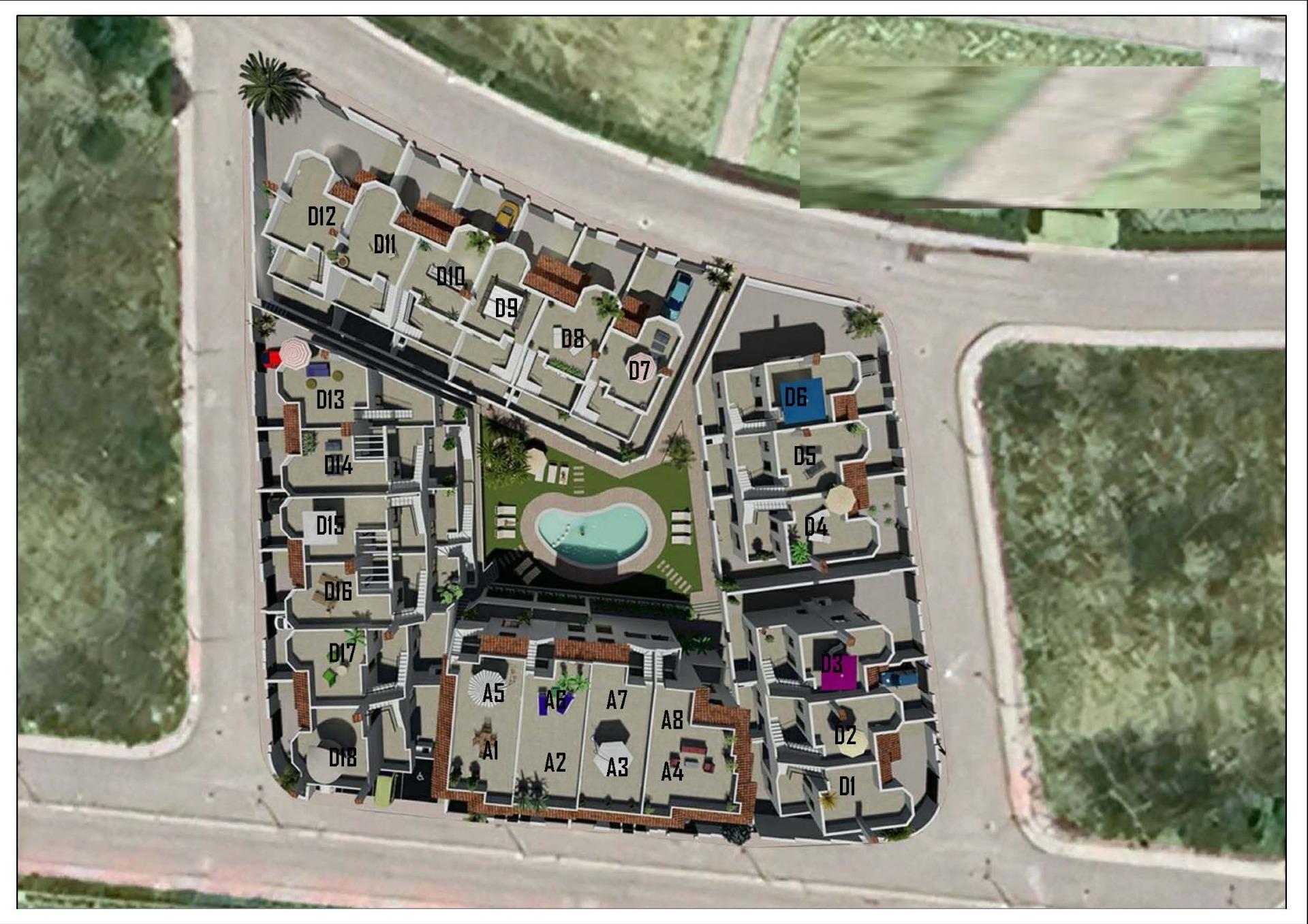 Aerial view of modern 3-bedroom ground floor bungalows with landscaped communal pool in Cox, Alicante new build development.