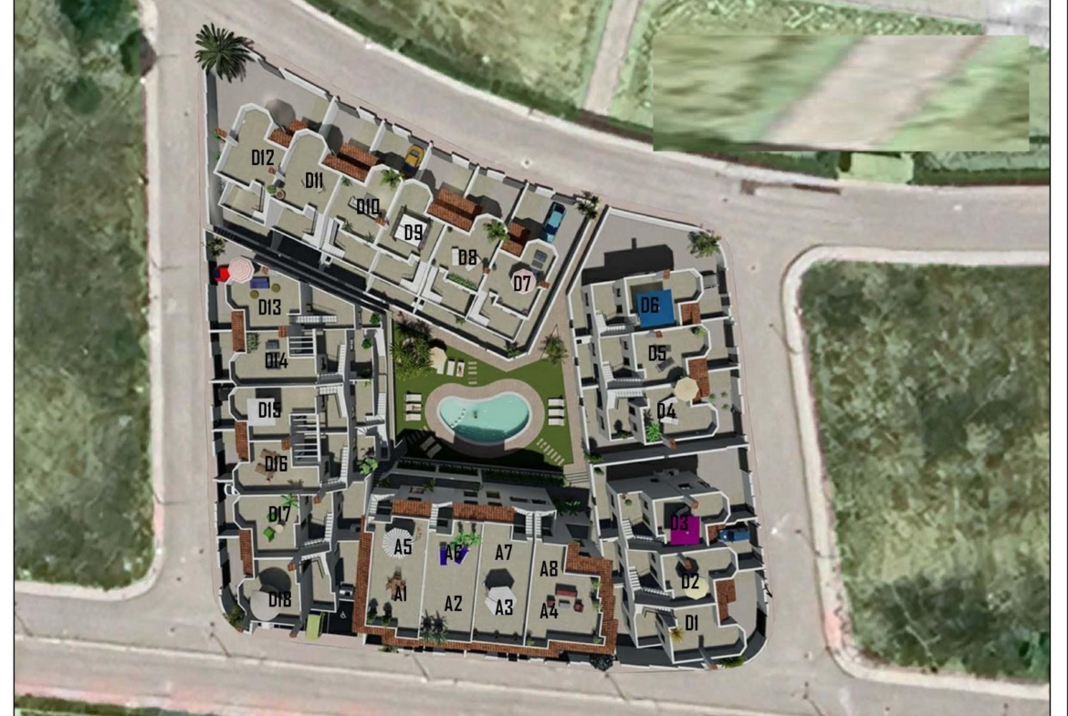 Aerial view of modern gated bungalow complex in Cox, Alicante, featuring spacious units and a central landscaped pool area.