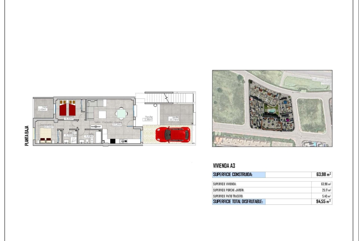 Modern, spacious floor plan of a 2-bedroom ground floor bungalow with terrace and parking in Cox, Alicante new build community.