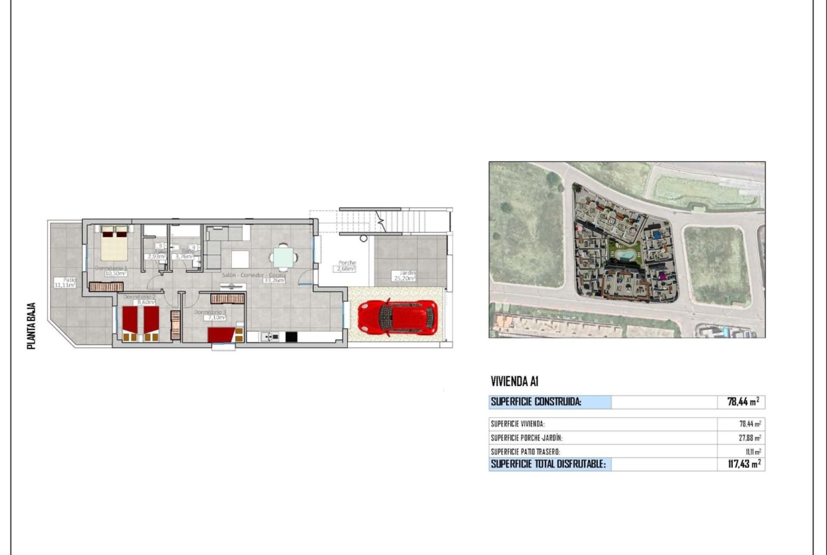 Detailed floor plan showcasing a spacious 3-bedroom ground floor bungalow in Cox, Alicante with terrace and parking space.