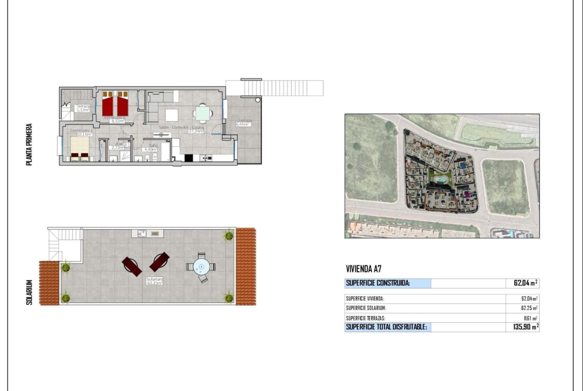 Spacious modern 2-bedroom top floor bungalow floor plan with expansive 73 m² sun-drenched solarium in Cox, Alicante
