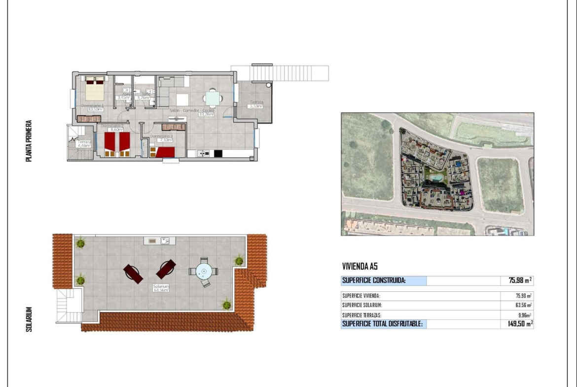 Spacious top floor 3-bedroom bungalow floor plan with expansive sun-drenched 72 m² solarium in Cox, Alicante.