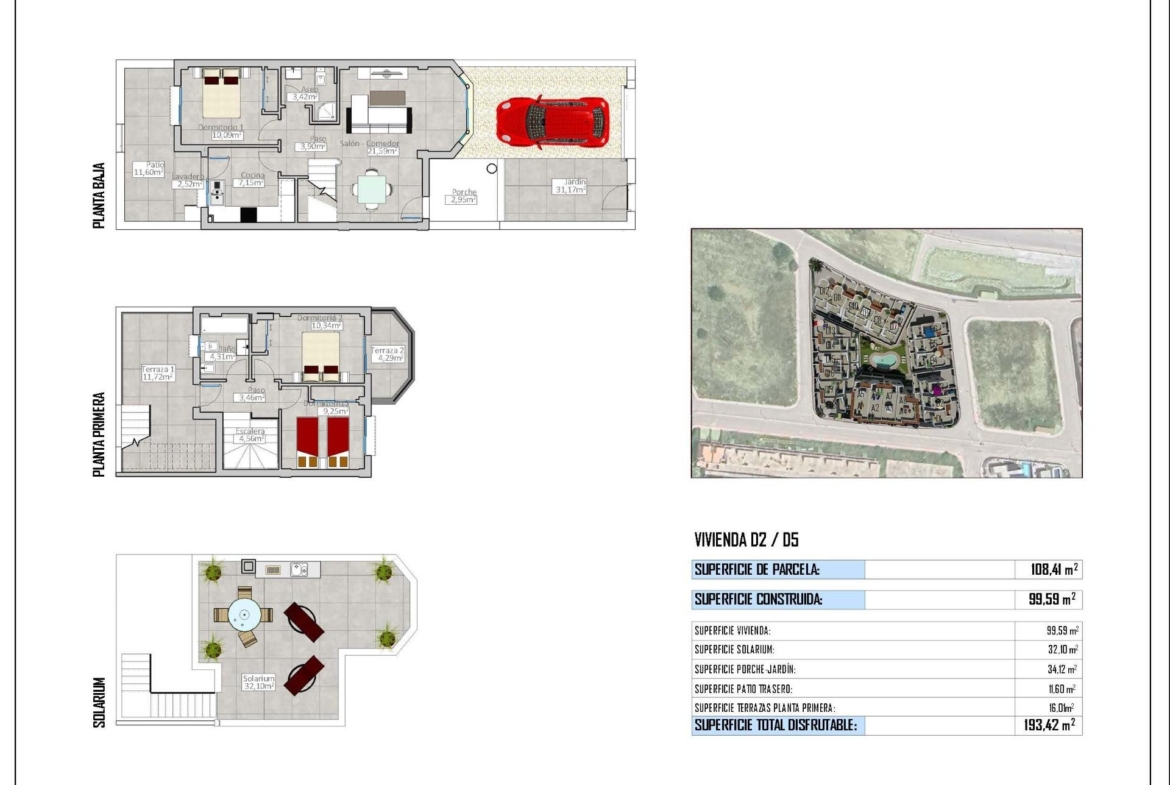 Spacious modern 3-bedroom townhouse floor plan with 61 m² sun-drenched solarium and communal pool in Cox, Alicante.