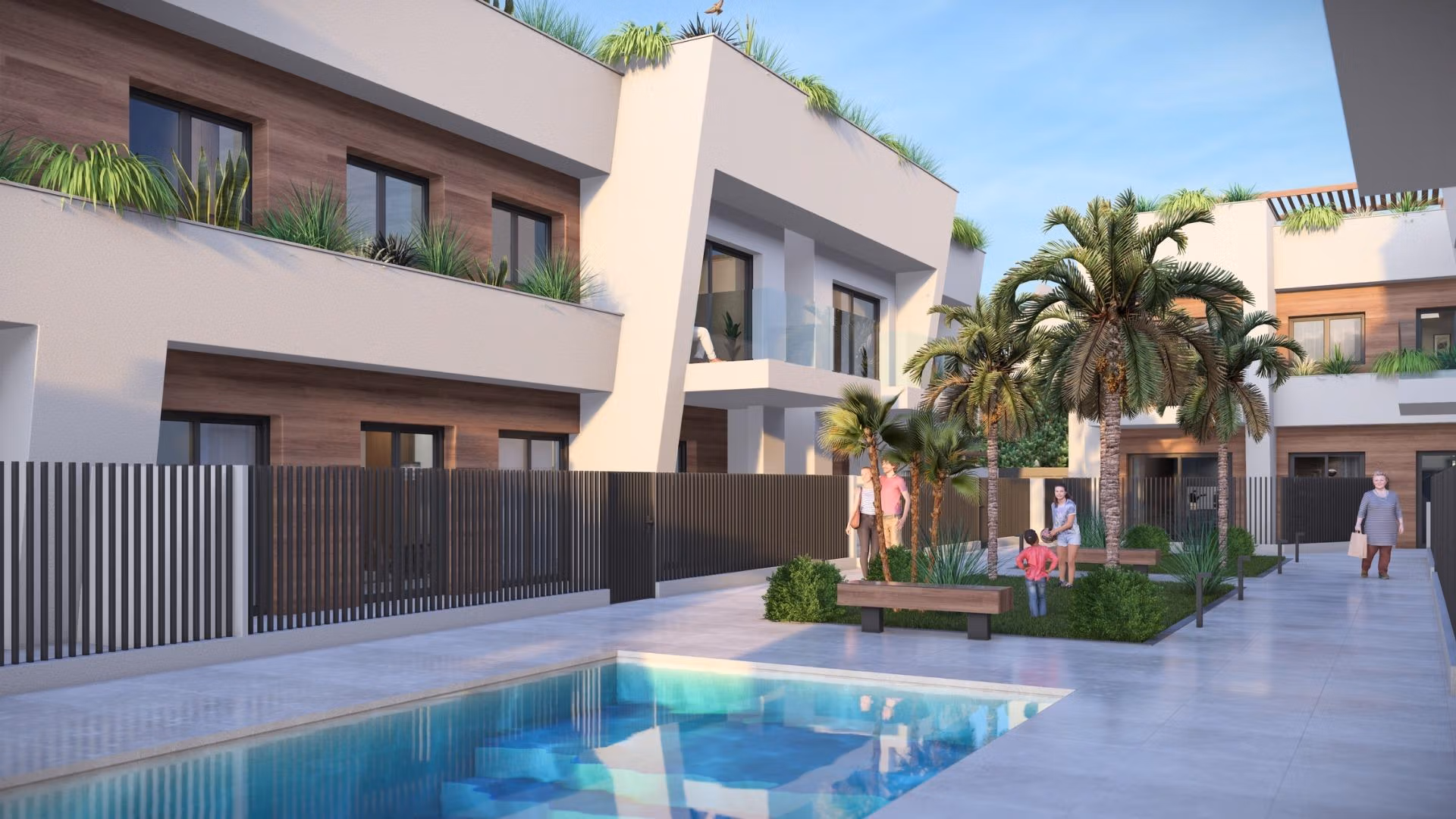 Modern luxury 2-bedroom penthouse in Torre-Pacheco with spacious sunlit pool area and lush landscaped gardens.