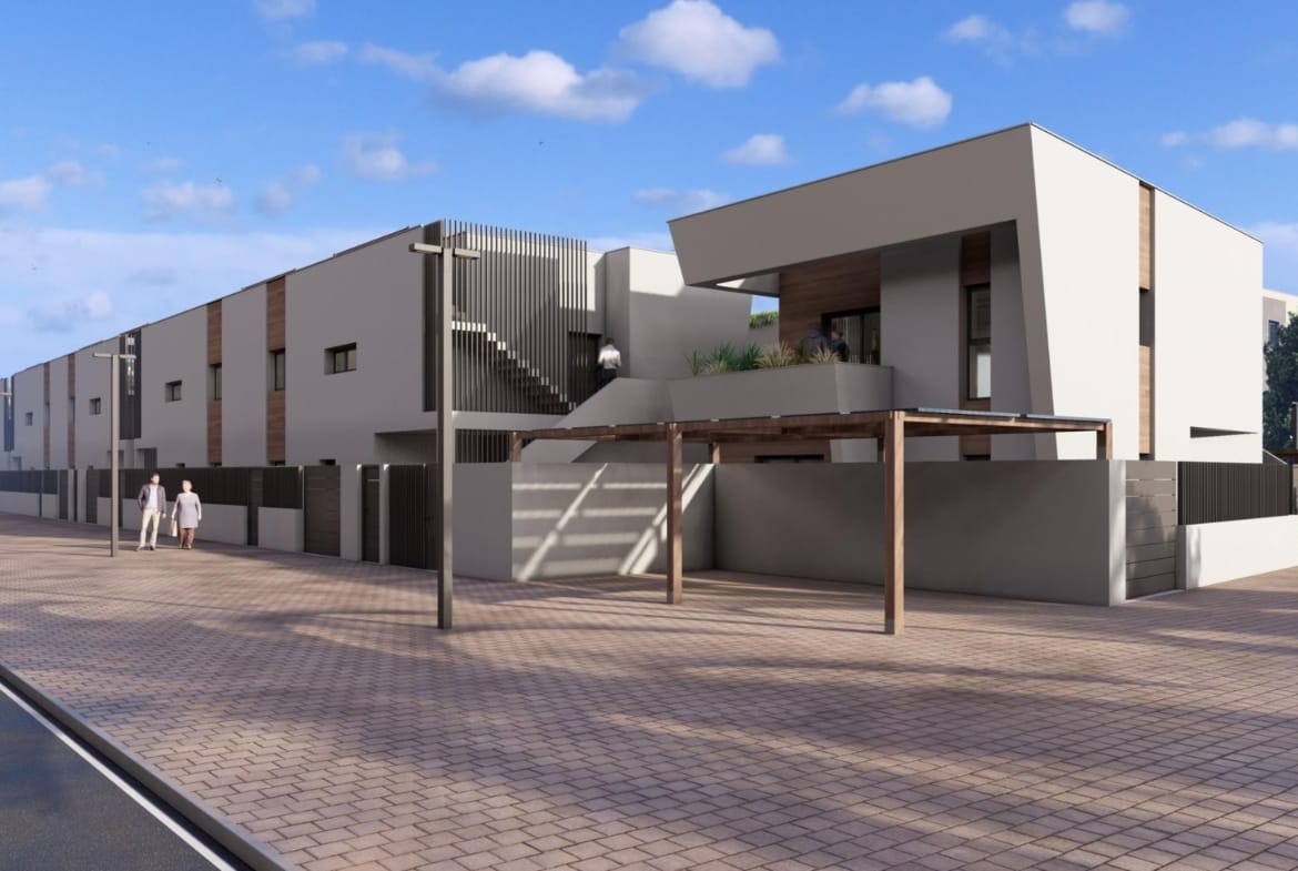 New-Construction-Homes-in-Torre-Pacheco-Costa-Calida-10 Modern luxury 3-bedroom penthouse in Torre-Pacheco with sleek exterior, spacious terrace, pergola, and sunlit surroundings.