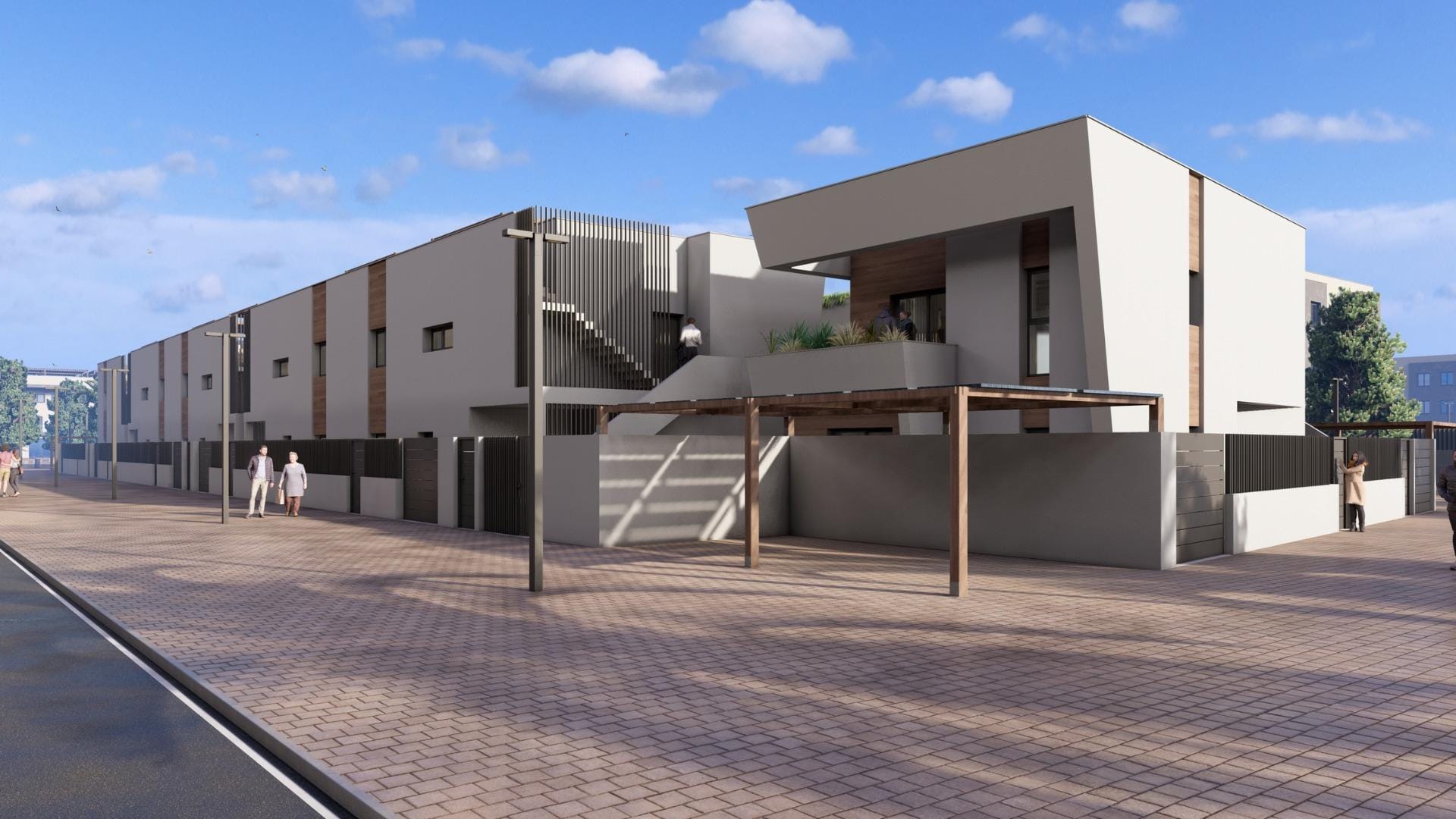 New-Construction-Homes-in-Torre-Pacheco-Costa-Calida-10 Modern luxury 3-bedroom penthouse in Torre-Pacheco with sleek exterior, spacious terrace, pergola, and sunlit surroundings.